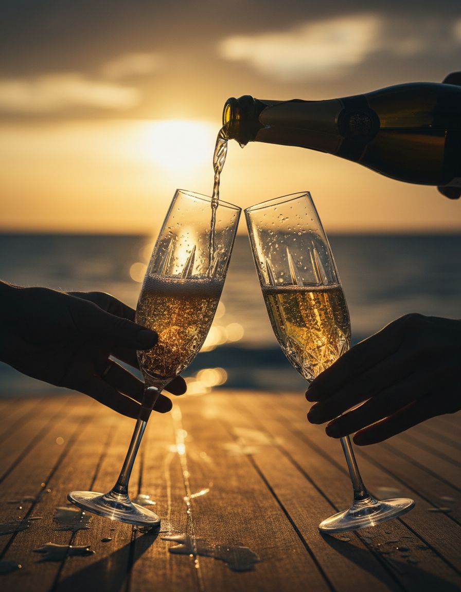 Two champagne flutes raised in a toast on a teak deck at sunset