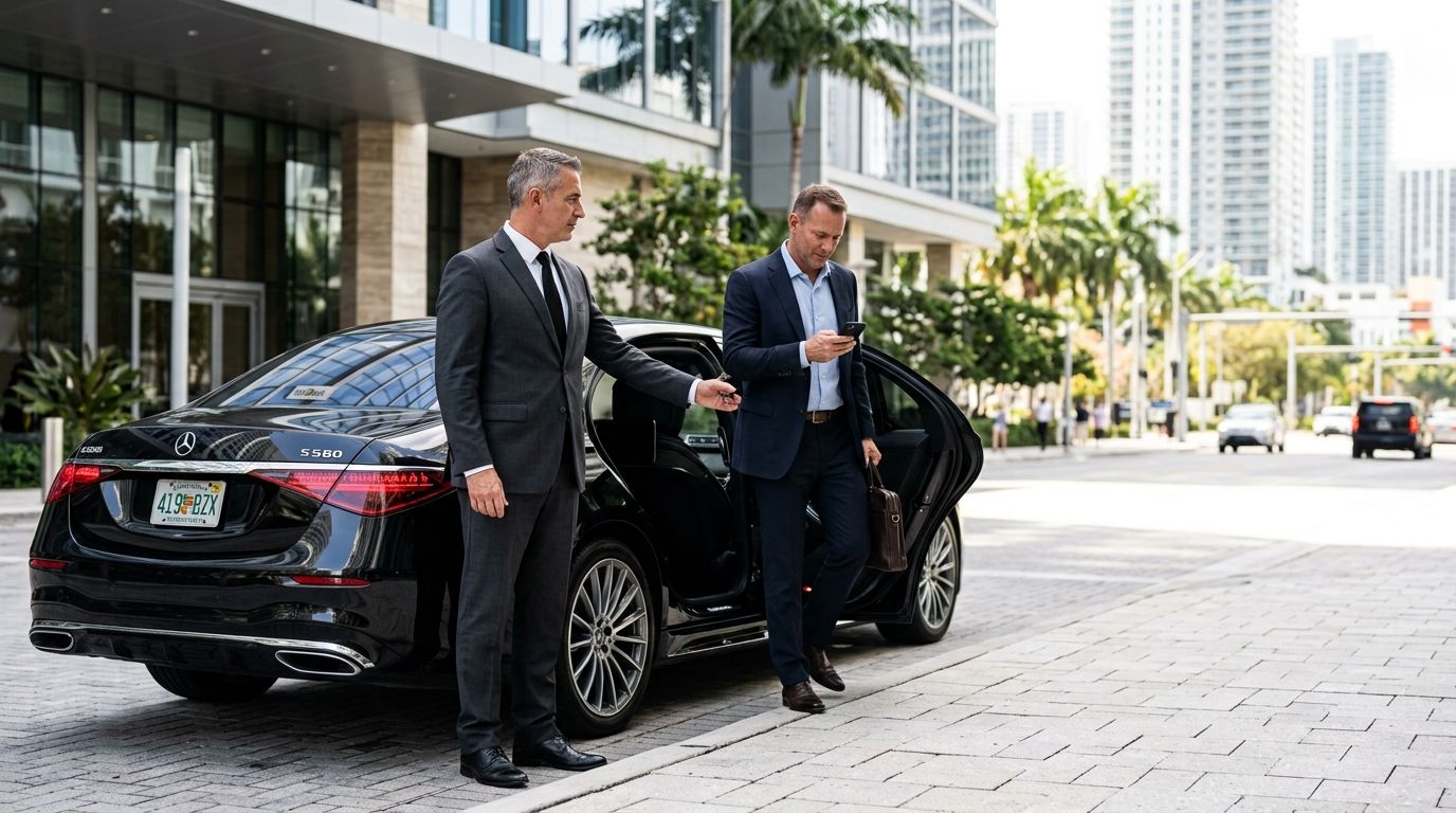 A chauffeur holding the rear door of a black sedan for a business traveller in downtown Miami