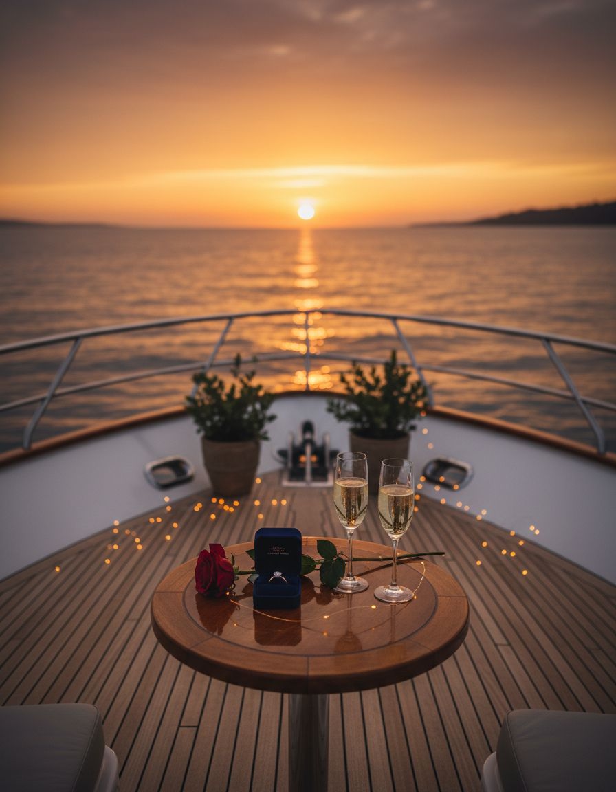 A ring box, roses and two glasses of champagne on a yacht’s bow table at sunset