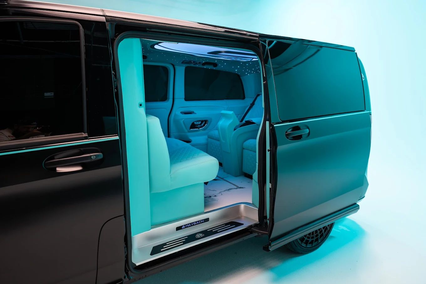 Aura Palm Sprinter with its side door open to a softly lit leather cabin