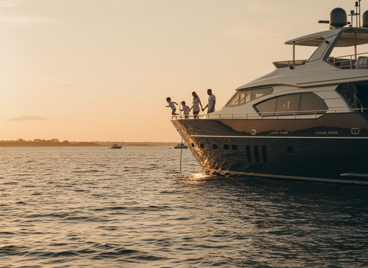 Guests on the bow of a large motor yacht cruising at golden hour