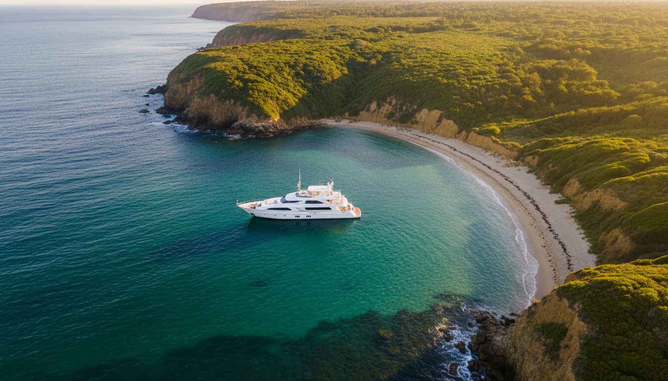 Aerial view of a white motor yacht anchored in a turquoise cove