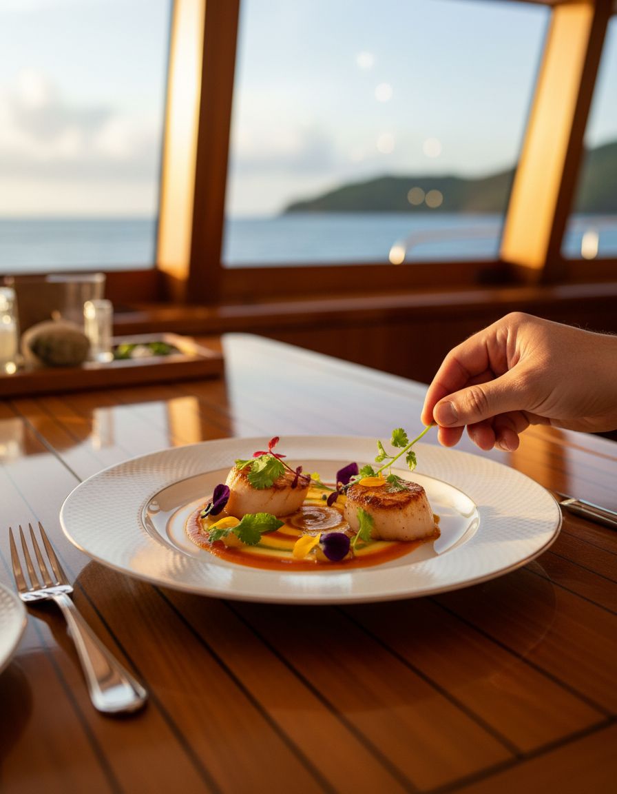 A plated scallop dish on a polished wooden table aboard a yacht