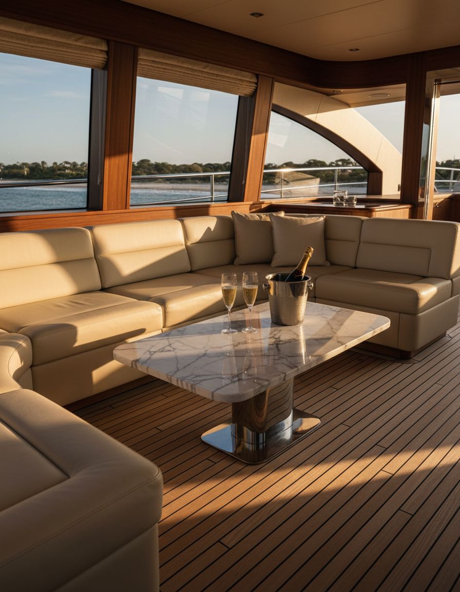 Cream leather lounge seating and a marble table inside a yacht salon with water views